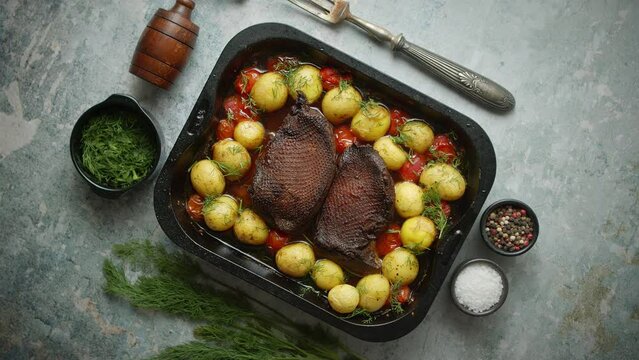 Tasty Roasted Duck or Goose breast. Served with baked potatoes and cherry tomatoes