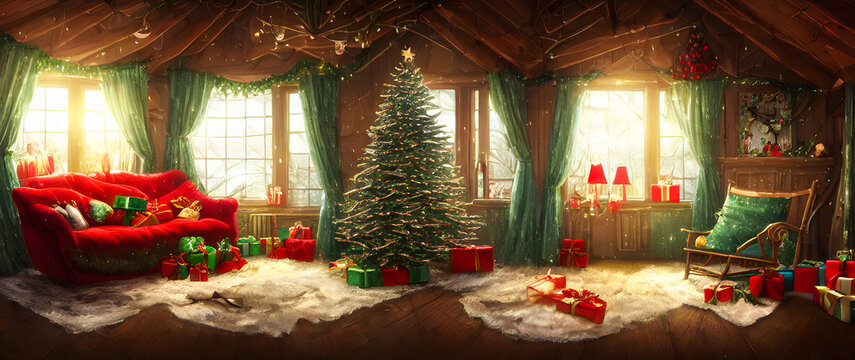 Artistic concept painting of a beautiful festively decorated home with Christmas tree, background illustration.