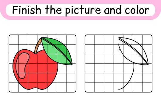Complete the picture apple. Copy the picture and color. Finish the image. Coloring book. Educational drawing exercise game for children