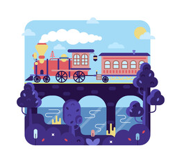 Red vintage train on the bridge, vector cartoon illustration in flat stile