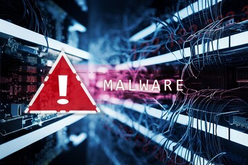 illustration of white exclamation mark and malware alert as red highlight on blue blurred server hardware with led lights
