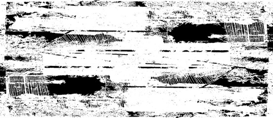 Monochrome texture composed of irregular graphic elements. Distressed uneven grunge background. Abstract vector illustration. Overlay for interesting effect and depth. Isolated on white background.