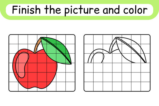 Complete the picture apple. Copy the picture and color. Finish the image. Coloring book. Educational drawing exercise game for children