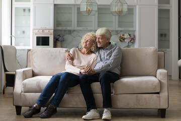 Cheerful dreamy senior couple in love hugging on couch at home, looking away, talking, dreaming, enjoying leisure, dating, romance at home, holding hands with love, care. Relationship