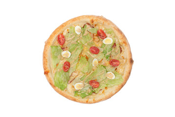 Pizza with caesar sauce, mozzarella cheese, tomatoes, bacon, chicken, eggs, and fresh lettuce salad isolated over white background. Top view. Copy space