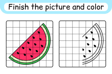 Complete the picture watermelon. Copy the picture and color. Finish the image. Coloring book. Educational drawing exercise game for children