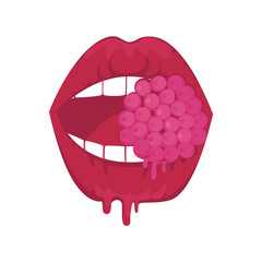Red lips and mouth chewing sweet raspberry. Sexy woman' s lips sketch vector illustration.