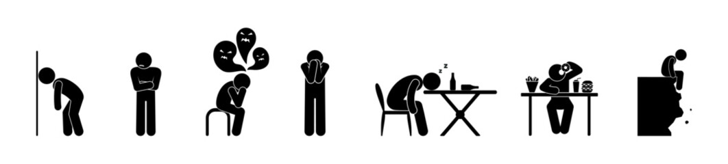 symptoms of depression, a person is ill, an icon of a depressive disorder, a stick figure of a person is sad, suffers, abuses alcohol and food