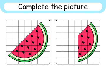Complete the picture watermelon. Copy the picture and color. Finish the image. Coloring book. Educational drawing exercise game for children