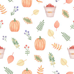 Seamless watercolor autumn pattern with pumpkin leaves. Background with harvest apples plants.
