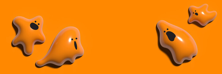 Halloween template for banner with 3d ghosts on orange background