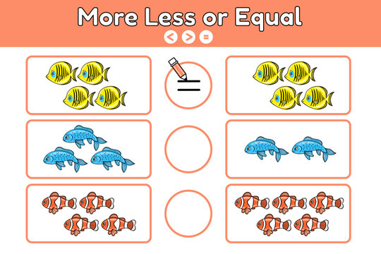 Counting game for preschool children. Educational math game. Count and write a more, less or equal sign. Sea animals vector illustration.