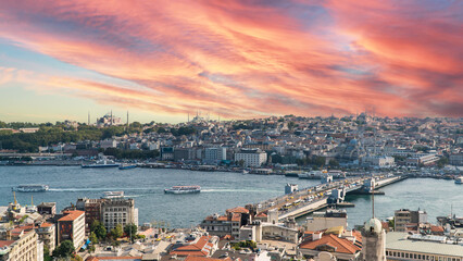 Istanbul Golden Horn landscape. Historical Golden Horn Peninsula in Istanbul Turkey. Istanbul view during sunset.