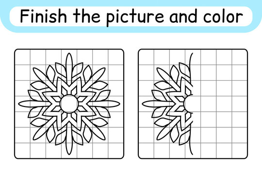 Complete the picture snowflake. Copy the picture and color. Finish the image. Coloring book. Educational drawing exercise game for children