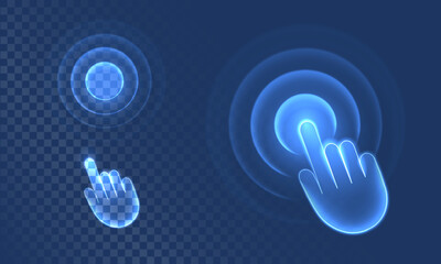 Touch wave from hand gesture in digital futuristic style on blue background. Neon icon of hand movement or display click. Neon vector illustration with light effect.