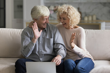 Happy overjoyed senior married couple giving high five, clapping hands at laptop, laughing,...