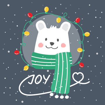 White bear in a green scarf. Christmas illustration with a glowing garland and snow. A greeting card. 