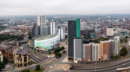Aerial view of the Arena Quarter in a Leeds cityscape skyline UK