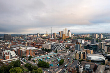 Aerial view of Leeds cityscape skyline with dramatic sky