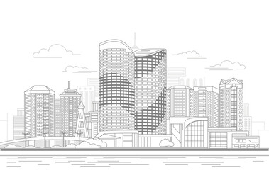 Fototapeta premium City panorama of the with a diverse architecture of the facades. Flat Horizontal Vector Illustration. Grey linear style on a white background. Graphic design concept.
