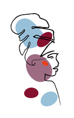 Linear contour portrait of girl in turban with colored spots. The profile of dark-skinned woman. Stylized freehand drawing with one textured line. Isolated on white background. Vector illustration