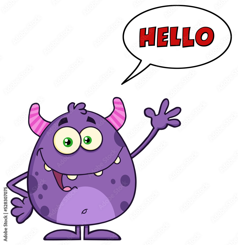Wall mural Happy Cute Monster Cartoon Character Waving With Speech Bubble And Text. Hand Drawn Illustration Isolated On Transparent Background - Wall murals