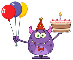 Goofy Monster Holding Up A Colorful Balloons And Birthday Cake. Hand Drawn Illustration Isolated On Transparent Background