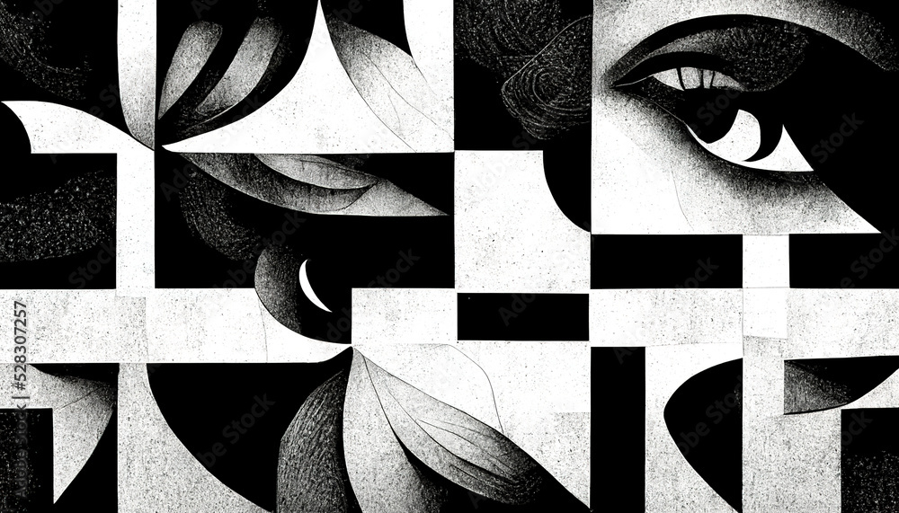 Wall mural modern abstract dynamic shapes black and white background with grainy paper texture. digital art.