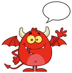 Smiling Red Devil Cartoon Character Waving With Speech Bubble. Hand Drawn Illustration Isolated On Transparent Background