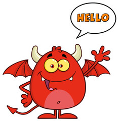 Funny Red Devil Cartoon Character Waving And Saying Hello. Hand Drawn Illustration Isolated On Transparent Background