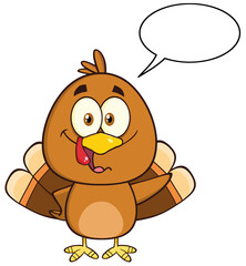 Funny Turkey Bird Cartoon Character Waving With Speech Bubble. Hand Drawn Illustration Isolated On Transparent Background