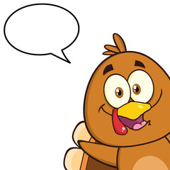 Cute Turkey Bird Cartoon Character Looking From A Corner With Speech Bubble. Hand Drawn Illustration Isolated On Transparent Background