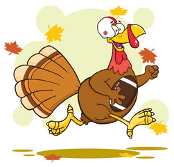Football Turkey Bird Cartoon Character Running In Thanksgiving Super Bowl. Hand Drawn Illustration Isolated On Transparent Background