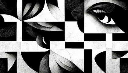 Modern abstract dynamic shapes black and white background with grainy paper texture. Digital art.