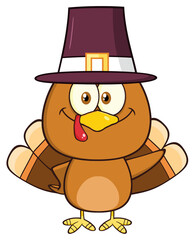 Cute Pilgrim Turkey Bird Cartoon Character Waving. Hand Drawn Illustration Isolated On Transparent Background