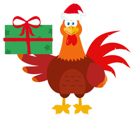 Santa Rooster Bird Cartoon Mascot Character Holding Gifts. Hand Drawn Illustration Isolated On Transparent Background