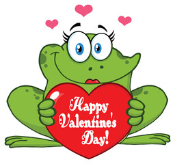 Frog Female Cartoon Mascot Character Holding A Valentine Love Heart With Text Happy Valentines Day. Hand Drawn Illustration Isolated On Transparent Background