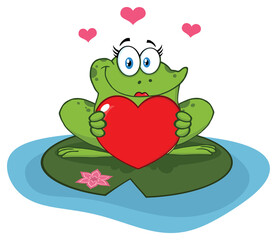 Smiling Frog Female Cartoon Mascot Character Holding A Valentine Love Heart. Hand Drawn Illustration Isolated On Transparent Background