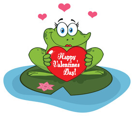 Frog Female Cartoon Mascot Character Holding A Valentine Love Heart With Text Happy Valentines Day. Hand Drawn Illustration Isolated On Transparent Background