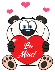 Obraz premium Panda Bear Cartoon Mascot Character Holding A Heart With Text Be Mine. Hand Drawn Illustration Isolated On Transparent Background