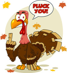 Angry Turkey Cartoon Character Showing Middle Finger. Hand Drawn Illustration Isolated On Transparent Background