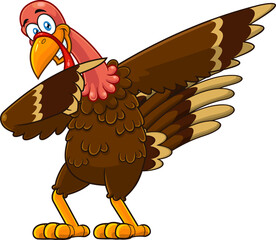 Turkey Bird Cartoon Character Dabbing. Hand Drawn Illustration Isolated On Transparent Background