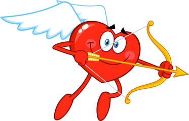 Heart Cupid Cartoon Character Flying With Bow And Arrow. Hand Drawn Illustration Isolated On Transparent Background