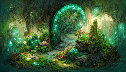 Fantasy magic portal in mystic fairy tale forest. Fairy door to the parallel world. 3D illustration. - obrazy, fototapety, plakaty