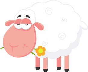 White Sheep Cartoon Character With A Flower.  Hand Drawn Illustration Isolated On Transparent Background