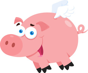 Pig Cartoon Character Flying In Sky. Hand Drawn Illustration Isolated On Transparent Background