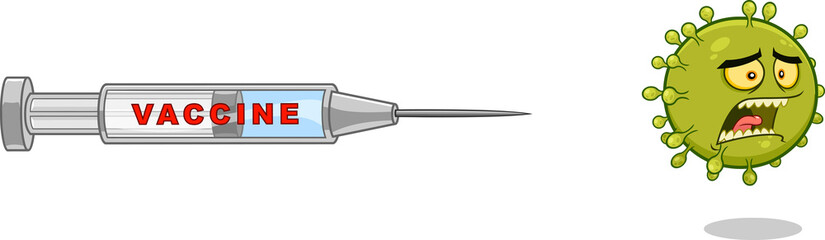 Scared Coronavirus (COVID-19) Cartoon Character Escape From The Vaccine. Hand Drawn Illustration Isolated On Transparent Background