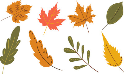 set of autumn leaves in doodle style, isolated