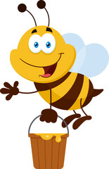 Bee Cartoon Character Flying With Bucket. Hand Drawn Illustration Isolated On Transparent Background