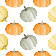 eamless pattern with cute hand drawn Autumn pumpkins, on isolated white background. Background for Thanksgiving, Halloween, Harvest celebration, textiles, wallpapers, wrapping paper, scrapbooking.